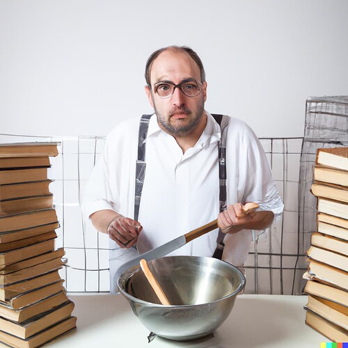 DALL·E 2023-04-26 16.27.08 - a sad accountant in prison cooking books