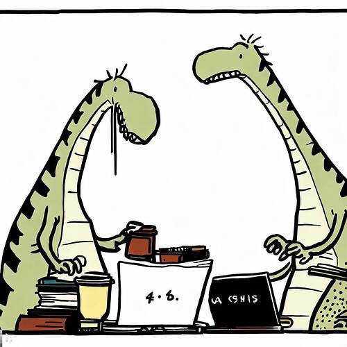 Dinosaurs accounting but unable to do so becuase of their short arms and long necks in the style of calvin and hobbes